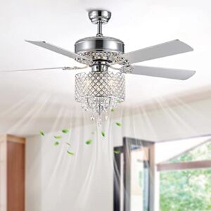52 inch Crystal Ceiling Fan with Lights, Siljoy Gorgeous Crystal Fandelier Ceiling Fan 5 Reverse Wood Blades, Remote Control, Modern Indoor Chandeliers Fan Light Kit for Bedroom Dining Room, Chrome