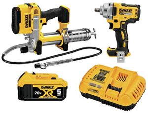 DEWALT 20V MAX* Impact Wrench, Automotive Kit, 1/2-Inch Mid-Range Wrench and Grease Gun, 2-Tool (DCK206P1)