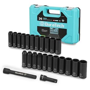 DURATECH 24-Piece Impact Socket Set, 1/2″ Drive Deep Impact Socket Set with 2pcs 1/2-Inch Hexagon Extension Bars, Metric ＆ SAE, Hard Case Included
