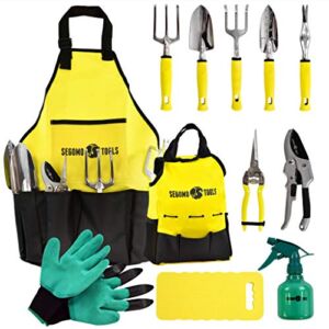 Segomo Tools 12 Piece Garden Tool Set ( Including Garden Tools Along with Gloves, Kneeling Pad, Spray Bottle, Apron and Tote Bag) | Gardening Kit | Planting Kit | Home Gardening Tools – GTS12