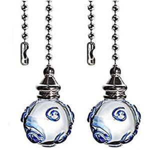 Ceiling Fan Pull Chains 12 Inches Glass Fan Pulls Decorative with Blue Pattern Transparent For Ceiling Light Lamp Fan Chain (nickel) 2 Pcs