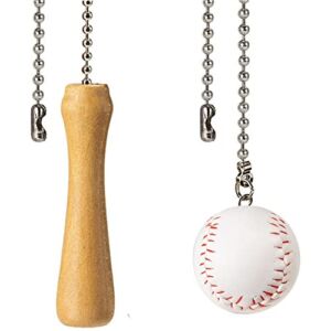 Baseball and Baseball Bats Ceiling Fan Pull Chain Ornaments Extender，with 12 ” Silver Bead Chain Fan Pulls