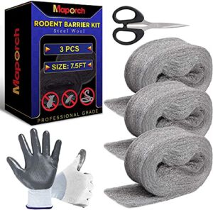 MAPORCH 3 Pack Steel Wool, 3.2”x7.5 Ft Control Fill Fabric, Gap Blocker for Holes, Pipeline, Wall Crack, House, Garage Including DIY Accessories, One Pair of Gloves and Scissor