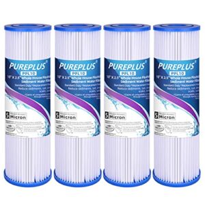 PUREPLUS 5 Micron 10″x2.5″ Whole House Pleated Sediment Filter for Well Water, Replacement Cartridge for Universal 10 inch RO System, W50PE, WFPFC3002, SPC-25-1050, FM-50-975, 801-50, WB-50W, 4Pack