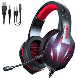 ERXUNG Gaming Headset Stereo Surround Sound for PS5 PC, Over Ear Headphones with Mic and Noise Reduction, LED Light, Bass Surround, Soft Memory Earmuffs for Laptop Mac Nintendo NES Games (Red)