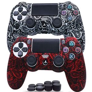 Sofunii 2pcs Skin for PS4 Controller, Anti-Slip Silicone Cover Shell Case with 8 Thumb Grip Caps, Compatible with PlaySation 4 Slim/Pro Controller DualShock 4 Wireless/Wired Gamepad (black white)
