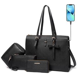Keyli Laptop Tote Bag for Women Christmas Gifts Waterproof Leather Work Laptop Briefcase with Built-in USB Charging Port Computer Shoulder Bags Fits 15.6 Inch, Business Handbag Purse 4pcs Set Black