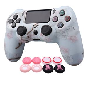 Cherry Blossoms PS4 Controller Skins RALAN,Sakura Silicone Controller Cover Skin Protector Compatible /PS4 Slim/PS4 Pro Controller (Pink Pro Thumb Grip x 6 ,Skull Cap Grip x 2).