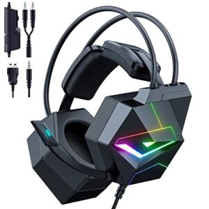 HOLULU Lightweight Gaming Headset, Flying-Wing Self-Adjusting 3.5mm Headphones with RGB, Surround Sound, Noise Reduction Mic, Compatible with PS4 PS5 Xbox One(Adapter Not Included) PC Mobile Phone