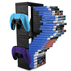 SIKEMAY Game Storage Tower for PS5/ PS4/ Xbox Series S & X/Xbox, Universal Video Games Discs Organizers 24 PCS with 4 Controllers Holder, Game Disk Box Stand Rack Accessories – Black