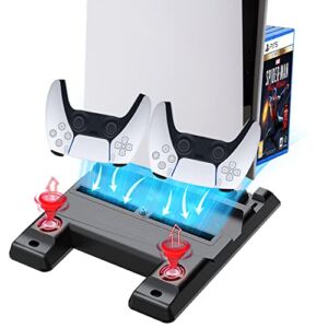 PS5 Accessories Stand with Cooling Fan and Dual Controller Charger Station for Playstation 5 UHD & DE, PS5 Vertical Cooling Stand, with Charging Dock Station&8 Games Storage, 2 IN1 Cable Included