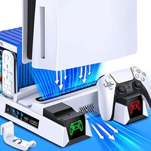 PS5 Stand with Controller Charging Station and Cooling Station for Playstation 5 Console Digital Edition&Disc Version, Dual Controller Charger Dock Station with 3 Cooling Fan Speeds, Game Slots White