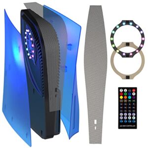 Face Plates for PS5 Console + RGB LED Light Strip + Dust Cover Net , Playstation 5 Kit with Transparent Shockproof ABS Shell, Pets Hair Anti-dust Cover, 8 Colors RGB LED Light Ring. (Disc Version Clear Blue)