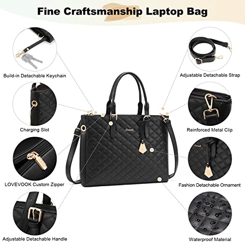 LOVEVOOK Laptop Bag for Women, Work Tote Bag Quilted Leather Computer Shoulder Bag, 15.6 inch Laptop Tote Purse Set, Waterproof Business Briefcase Handbag 2 PCS for Office,Teacher Black | The Storepaperoomates Retail Market - Fast Affordable Shopping