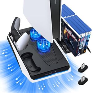 Stand for PS5 Controller Charging Station with Suction Cooling Fan and Dualed Controller Charger Station for Playstation 5 Console Suction Cooler Fan with Charging Dock Station and 12 Games Storage