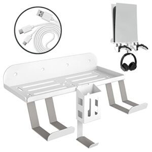 TOPAD PS5 Wall Mount Kit with Charging Cable, 6-in-1 Playstation 5 (Disc & Digital) Metal Wall Stand with Data Charging Cable/Controller Hanging Bracket/Remote Box/Headset Hanger, w/Non-Slip Mat White