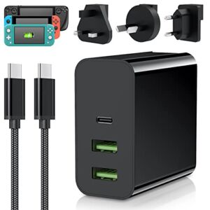 65W USB C PD Fast Charger Adapter for Steam Deck with UK/EU/AU Travel Plug, 3 Port Foldable Power Block for Switch/Laptop/Phone,Accessories for Steam Deck Charger with 6.5FT Type C Charging Cord