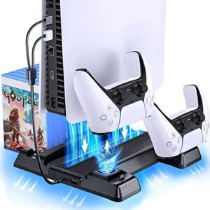 PS5 Stand with Cooling Station for PlayStation5 Disc & Digital Edition, Dual PS5 Controller Charging Station Dock, with Cooling Fan,11 Games Storage