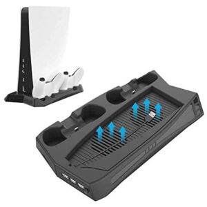 Scoutdoors Playstation 5 Charging Stand with Cooling Fan – Must Have PS5 Accessory, Charges 2 Controllers – Fan Cools Console – Game Storage, Works with Standard PS 5, Digital Edition or Ultra HD