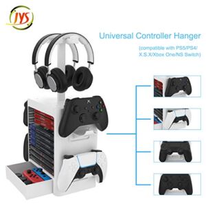 Headset Storage Tower and Game Organizer (up to 10 Games) for PS5 PS4 Playstation/Xbox Series S & X/Switch Accessories, Headphones, Game Discs, Joy Cons, DualSense, Controllers, White