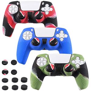 HJYuan 3 Pack Silicone Case Cover Skins for PS5 DualSense Controller with 10 FPS PRO Thumb Grips – Blue + Camouflage Red + Camouflage Green