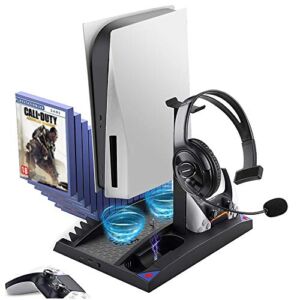 PS5 Cooling Stand Charging Station, Megadream PS5 Vertical Stand with 2 Cooling Fan and Dual Controller Chargers, 17 Game Storage & 1 Headphone Holder for Playstation 5 Disc & Digital Edition