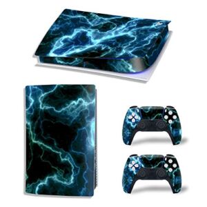 DOMILINA PS5 Skin Stickers, Full Body Vinyl Decal Cover for Playstation 5 Digital Edition Console & Controllers – Blue Lightning