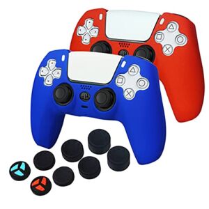 PS5 Controller Silicone Skins 2 Pack, Customized Dualsense Protective Cover Grip for Sony Playstation 5 Controller, Anti-Slip PS5 Gamepad Cover Case x 2 with 8 PRO Thumb Grip Caps, Red + Blue