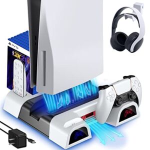PS5 Cooling Station with Controller Charger, PS5 Horizontal Stand for Standard and Digital Playstation 5 Console, PS5 Accessories Cooler Stand with Headset Holder, Game Slot, AC Adapter