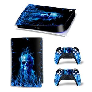 FOTTCZ Vinyl Decal Skin for PS5 Digital Edition Console and Controllers, Sticker for PS5 Digital Protective Accessories – Blue Flame Skull