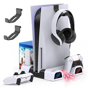 5 in 1 Vertical Stand for PS5/PS5 Digital Edition with Cooling Fan 3 Adjustable Level and Controller Charger Dock Fast Charging with LED Indicator, 2 Holder Hanger, Remote Slot&10 Game Rack Organizer