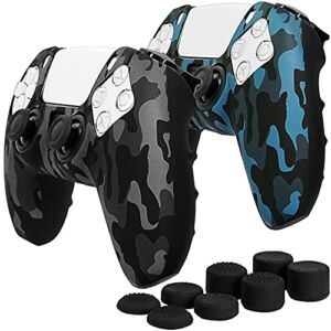 Fosmon Non-Slip Skin Protective Case Cover Compatible with Playstation PS5 DualSense Controller (2 Pack – Camo Black/Blue), Sweat Proof Silicone Rubber Gel Skin with 8 Thumb Grips Analog Cap
