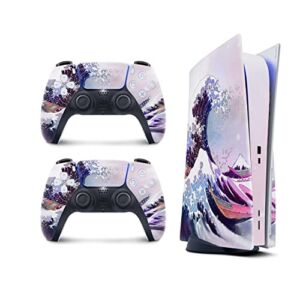 TACKY DESIGN Wave Watercolor Skin for Playstation 5 Console and 2 Controllers, PS5 Purple Pastel Kawaii Skin Vinyl 3M Decal Stickers Full wrap Cover (Disc Version)