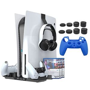 PS5 Accessories Stand for Playstation 5 Disc & Digital Edition, AOLION PS5 Stand with Dual Controller Charger Station, Headset Holder, 12 Games Storages, 8pcs Thumb Grip Caps and PS5 Controller Skin