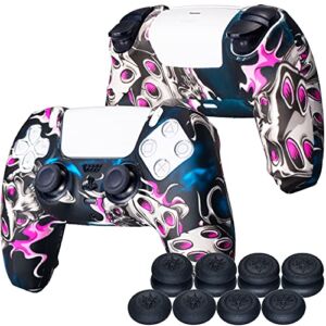 YoRHa Double-Side Transfer Printing Silicone Cover Skin Case for PS5 Dualsense Controller x 1(Silver Skulls) with Thumb Grips x 8