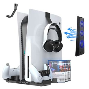 Upgraded Vertical Stand with Cooling Fans for Playstation 5 Disc & Digital Edition, AOLION PS5 Stand with Dual Controller Charger Station, Headset Holder, 12 Games Storages and PS5 Controller Skin