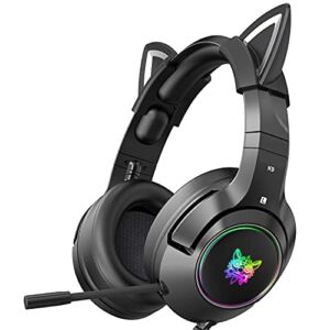 AJIJAR Gaming Headset with Removable Cat Ears, Compatible with PC PS4 PS5 Xbox One(Adapter Not Included) Mobile Phones, with Surround Sound, RGB Backlight & Noise Canceling Retractable Microphone