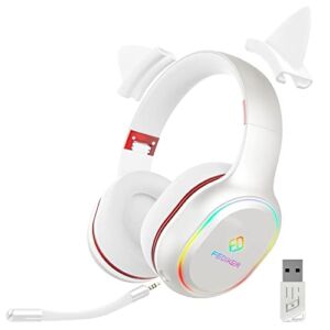 Wireless Gaming Headset for PS5 PS4 PC iOS Android, Fediker W3 USB Dongle Low Latency Bluetooth, Headphones with Detachable Mic, Mute Function, RGB, Immersive 4D, Cute White Cat Ear Headset for Girls