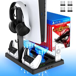 Vertical Stand with Cooling Fan, BSOON PS5 Accessories for PS5 Games & Playstation 5 Console, Built-in Headset Holder, Dual Controller Chargers, 15 Game Disc Slots and 1 Media Remote Organizer