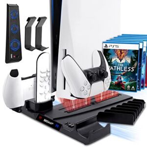 PS5 Cooling Stand with Controller Charger Station Accessories and Headset Holder, Dual Cooler Fan for Playstation 5 Console, Vertical Cooling Charging Dock with Adjustable Wind Speed&12 Game Storage