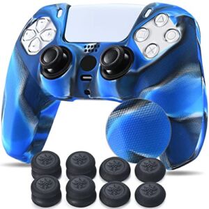 Pandaren Grip Texture Silicone Skin for PS5 Dualsense Controller x 1 Camouflage blue with Pro Thumb Grips x 8