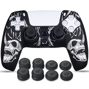 YoRHa Laser Carving Silicone Skin for PS5 Dualsense Controller x 1(Skulls White) with Exclusive Thumb Grips x 8
