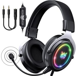 Ajsaki Gaming Headset for Playstation 5 – PC Headset with Detachable Mic RGB Light Over-Ear Gaming Headphones 7.1 Surround Sound Compatible with PS4 PS5 Xbox One (Silver)