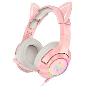 SIMGAL Pink Gaming Headset with Removable Cat Ears, Compatible with PC PS4 PS5 Xbox One(Adapter Not Included) Mobile Phones, with Surround Sound, RGB Backlight & Noise Canceling Retractable Microphone