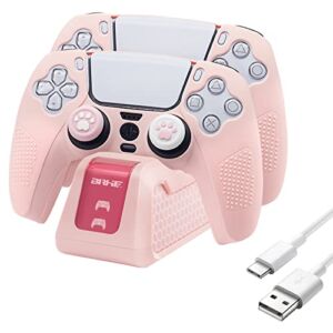 Charging Station for PS5 Controller,BRHE Charger Dock Accessories LED Indicator Dual Fast Charge Stand with Type-C Cable Compatible with Playstation 5 (Pink)
