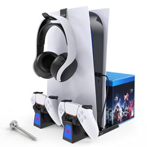Vertical Stand with Controller Charger for PS5 Disc and Digital Edition, YUANHOT Fast Controller Charger Within 2-3H, Headset Holder, Game Slot Docking Accessories