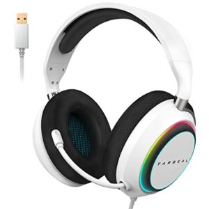 targeal PC Gaming Headset with Microphone for PS5/PS4/Switch/PC/Laptop/Mac – USB Wired 7.1 Surround Sound Gamer Headphone with Noise Canceling Mic – 4 Modes RGB- White Headset
