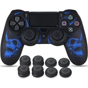 YoRHa Laser Carving Silicone Skin for PS4 Controller x 1(Skulls Blue) with Exclusive Thumb Grips x 8