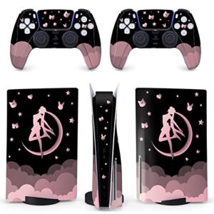 BelugaDesign Moon Skin PS5 | Anime Magical Girl Cloud Stars | Cute Kawaii Vinyl Cover Wrap Sticker Full Set Console Controller | Compatible with Sony Playstation 5 (PS5 Disc, Pink Black)