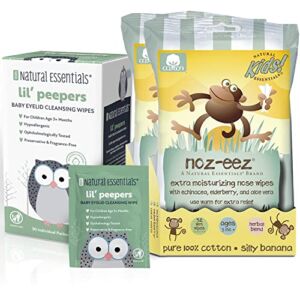 Natural Essentials Lil’ Peepers Baby Eyelid Cleansing Wipes, (30Ct) & 2 Packs of Moisturizing Nose Wipes (64 Wipes)